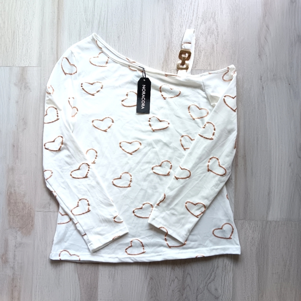 New Noracora Long-Sleeve Shirt Metallic Hearts Cold-Shoulder White Bronze Medium